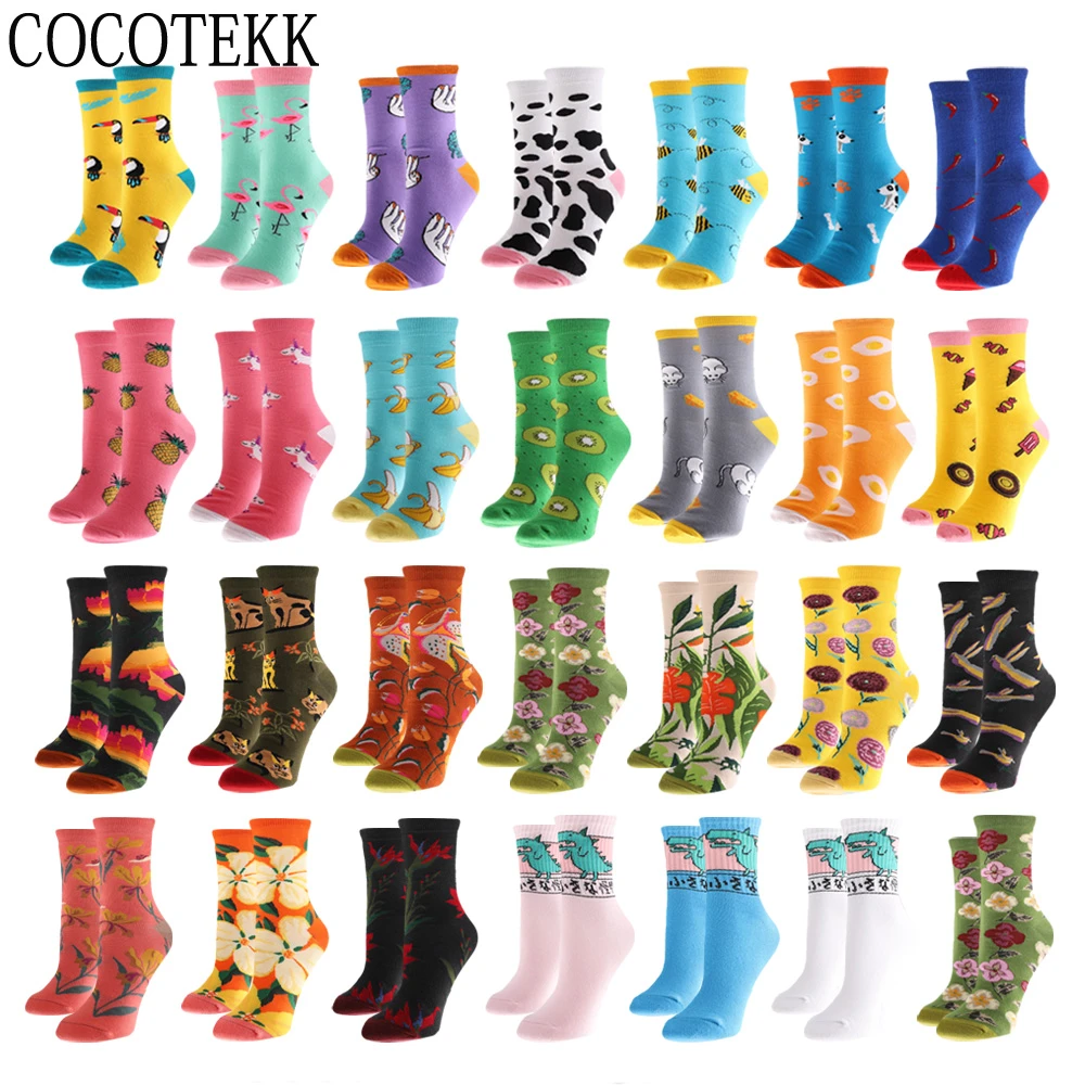 2020 New Funny Cute Cartoon Animal Cat Dog Novelty Harajuku Kawaii Happy Socks Art Flower Plant Cotton Fashion Women Socks Gifts