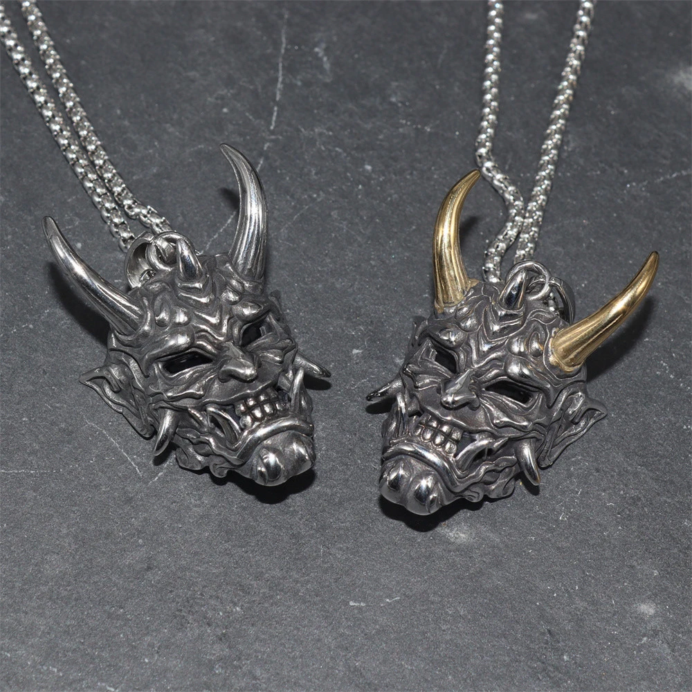 Mens Stainless Steel Necklace Fangs Demon Mask Pendant Retro Gothic Punk Style Monster Skull Jewelry Gift