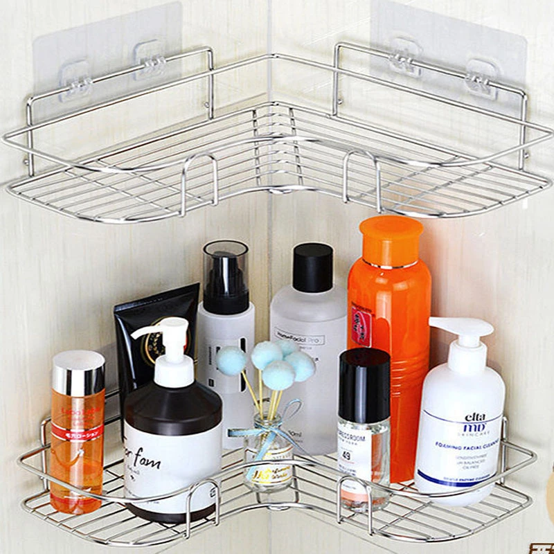 Stainless Steel Non Perforated Love Corner Rack Kitchen Bathroom Bedroom   Storage Rack Thickened Tripod Storage Rack  Shelf