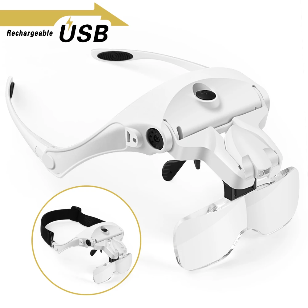 Magnifying Glasses, Rechargeable LED Light Lamp Head Loupe Headband Magnifier Eyewear Glasses Tool Repair Reading Magnifier