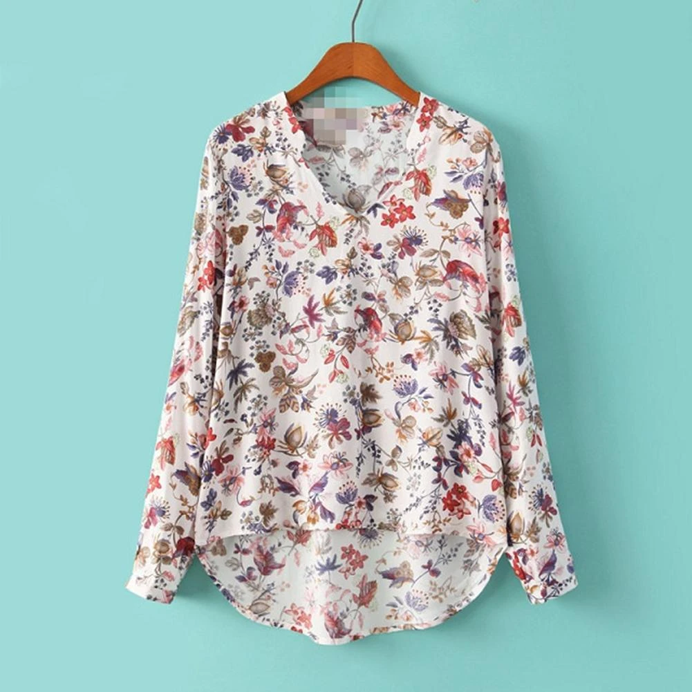 Women Autumn Retro Soft Cotton V Neck Long Sleeve Shirt Floral Print Top Blouse