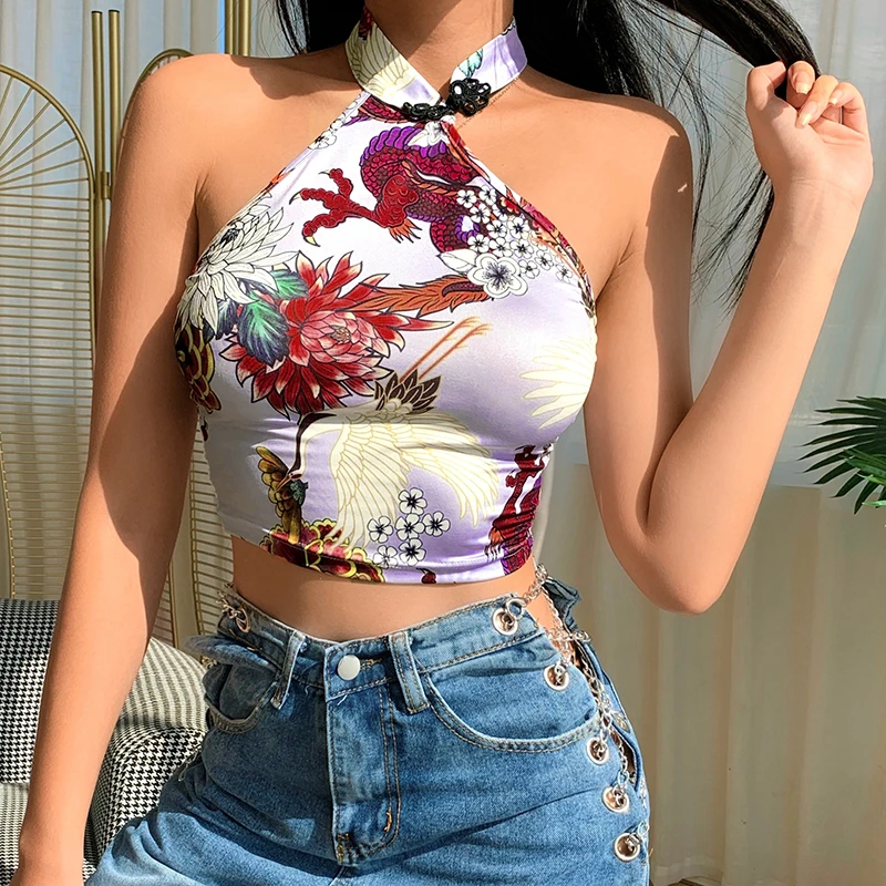 Women's Sexy Dragon Flower Printed Halter Sleeveless Backless Skinny Slim Cropped Tank Tops Summer Casual Fashion Tops Hot Sale