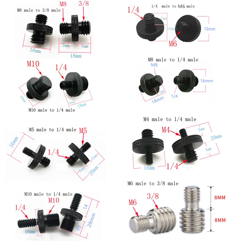 M4 M6 M8 M10 to 1/4  or 3/8 male to male Screw Mount Adapter for camera tripod camera photography accessories