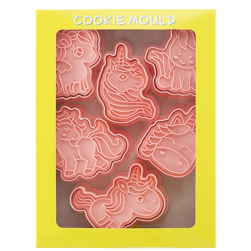 6Pcs/set Unicorn Shape Cookie Cutters Plastic 3D Cartoon Pressable Biscuit Mold Cookie Stamp Kitchen Baking Pastry Bakeware Tool