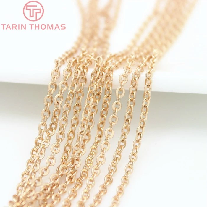 2Meter width:1.5MM 2MM 24K Champagne Gold Color Plated Brass Flat Oval Chains Necklace Chains High Quality Jewelry Accessories