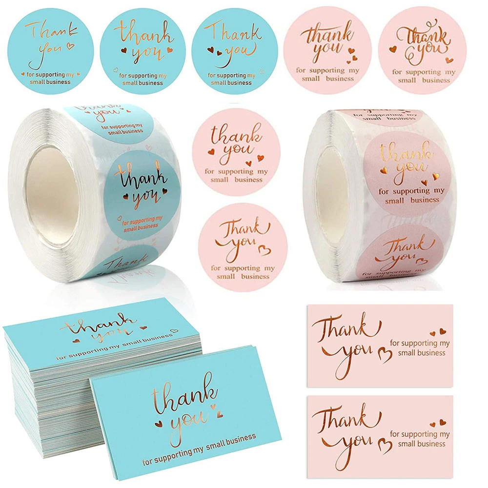 500PCS/Roll Thank You Stickers 50PCS Thanks Greeting Cards For Supporting My Small Business Candy Bags Paper Seal Label Gift