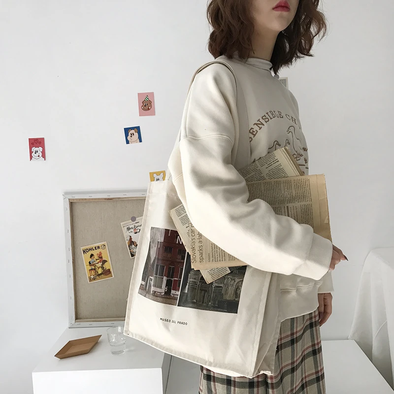 Women Canvas Shopping Bag Prado Museum Pictures Female Cotton Cloth Shoulder Bag Eco Handbag Tote Reusable Grocery Shopper Bags