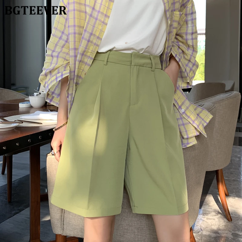 BGTEEVER Fashion High Waist Women Shorts Casual Half- length Sashes Belted Women Loose Shorts Pockets 2021 Spring Summer