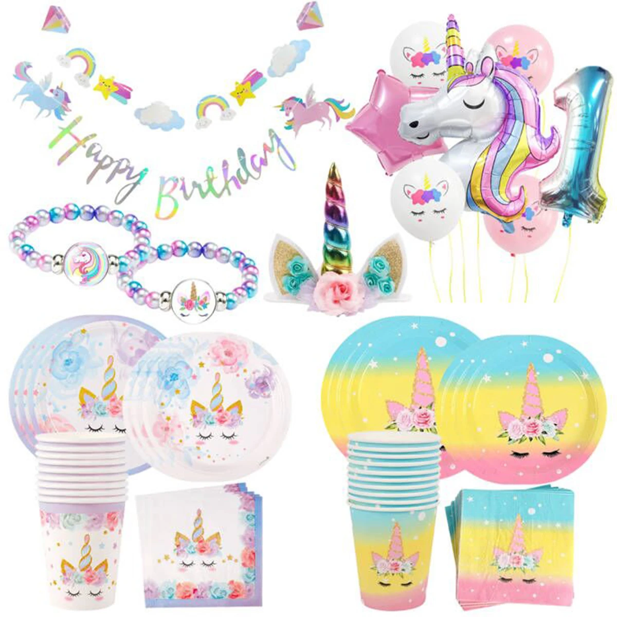 QIFU New Unicorn Tableware Kids Birthday Party Events Disposable Unicorn Plates Napkins Cups Unicorn Birthday Party Supplies