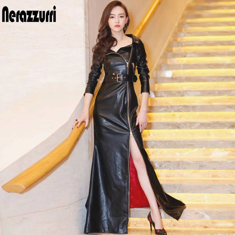 Nerazzurri Autumn maxi black faux leather coat women zipper long sleeve belt slim fit extra long leather jackets 2020 fashion