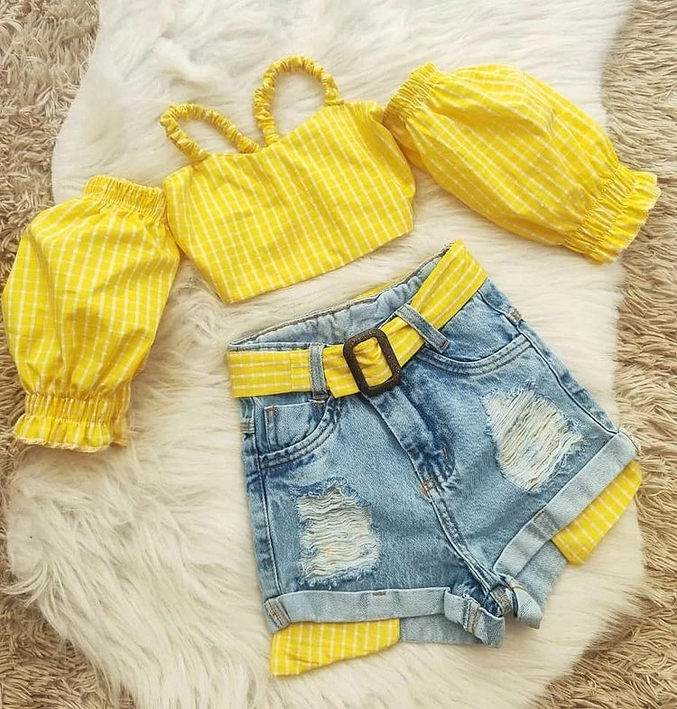 1-5Years Fashion Children Girls Summer Clothing Sets Off Shoulder Plaid Strap Crop Tops+Belt Denim Ripped Hole Shorts Outfits