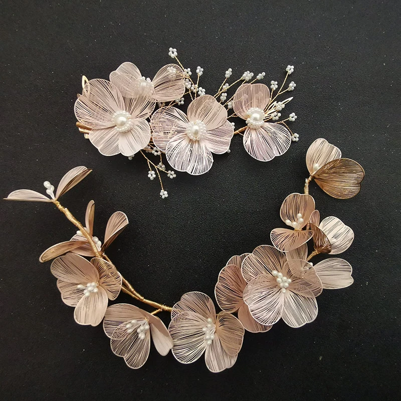SLBRIDAL Handmade Baroque Copper Flower Pearls Wedding Hair Accessories Bridal Headband Hair Clip Barrettes Set Women Jewelry