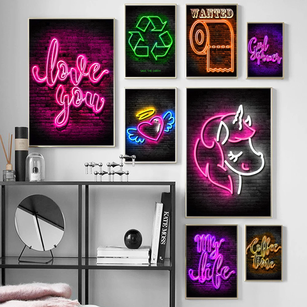 Unicorn Angel Neon Sign Poster Roll Paper Girl Power Love Canvas Painting Nordic Modern Wall Art Picture Home Decor Living Room