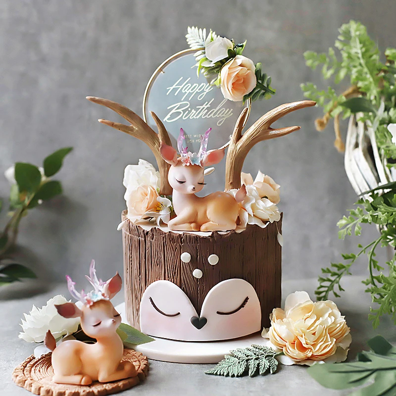 Forest Style Coffee resin Deer Artificial flowers Iron Acrylic Cake Toppers For Happy Birthday Party Decoration Baking Suplies