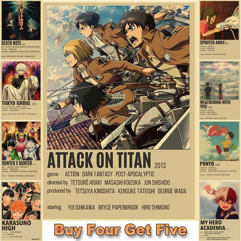 36 Types Japanese Anime Poster Retro Hunter X Hunter /Attack on Titan Posters Home Study Room Decor Wall Sticker Fans Collection