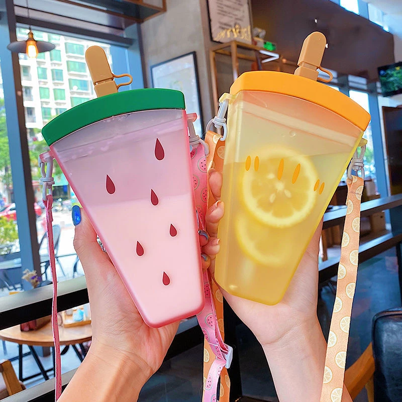 Plastic Water Bottles Cute Watermelon Ice Cream Water Bottle with Straw Bottle Anti-fall Portable Popsicle Cup Kids Water