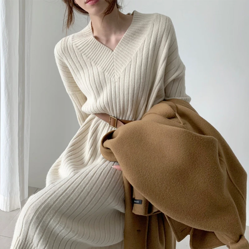 New pattern Women Autumn Winter Sexy V Neck Long Sleeve Knitted Sweater Dress Long Sleeve Straight Cozy  Pullover Slim Dresses