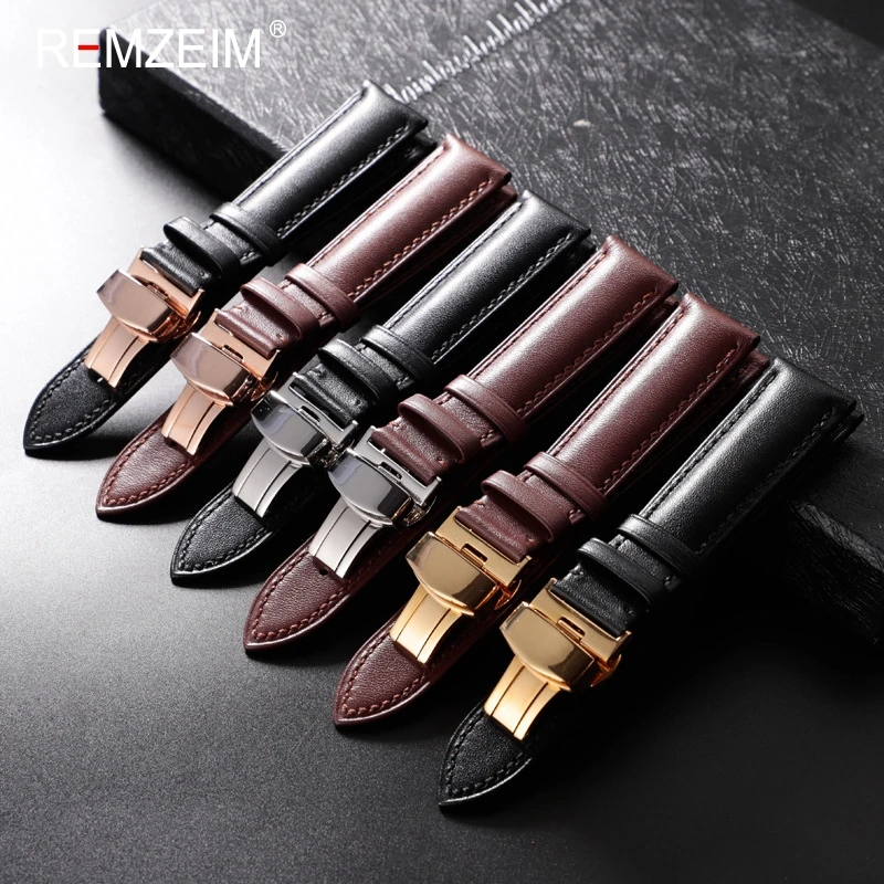 Calfskin Leather Watchband Soft Material Watch Band Wrist Strap 18mm 20mm 22mm 24mm With Stainless Steel Butterfly buckle