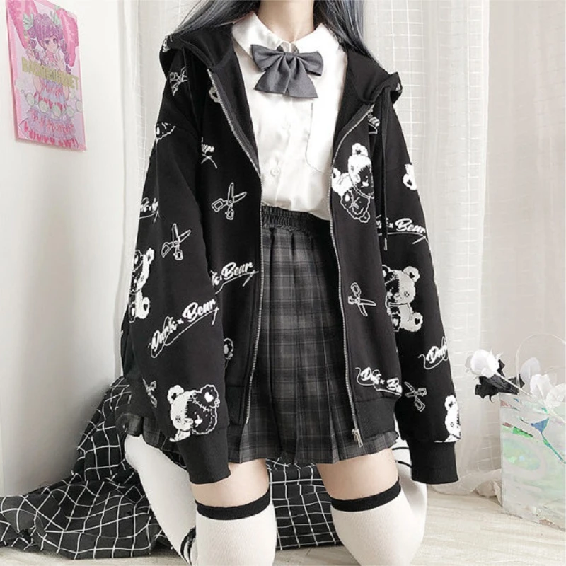 Japanese Gothic Coat Women Fashion Autumn  Plus Velvet Warm Winter Clothes ins Preppy Hoodies kawaii Long Sleeve Hoodie jacket