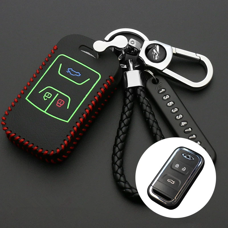 3 Buttons Leather Car Key Case Cover Bag For Chery Tiggo Arrizo 8 7 5X 2019 2020 Keychain Smart Key Holder Interior Accessories