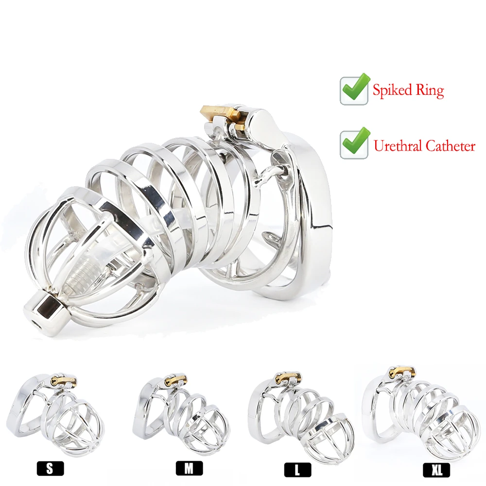 Best CBT Male Chastity Belt Device Stainless Steel Cock Cage Penis Ring Lock with Urethral Catheter Spiked Ring Sex Toys For Men
