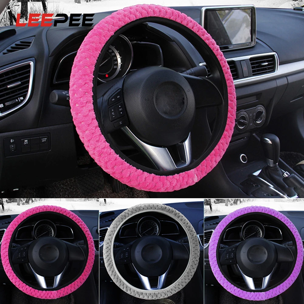 LEEPEE Soft Warm Plush Covers Car Steering Wheel Cover Pearl Velvet Auto Decoration Winter Warm Universal Car-styling 4 Colors