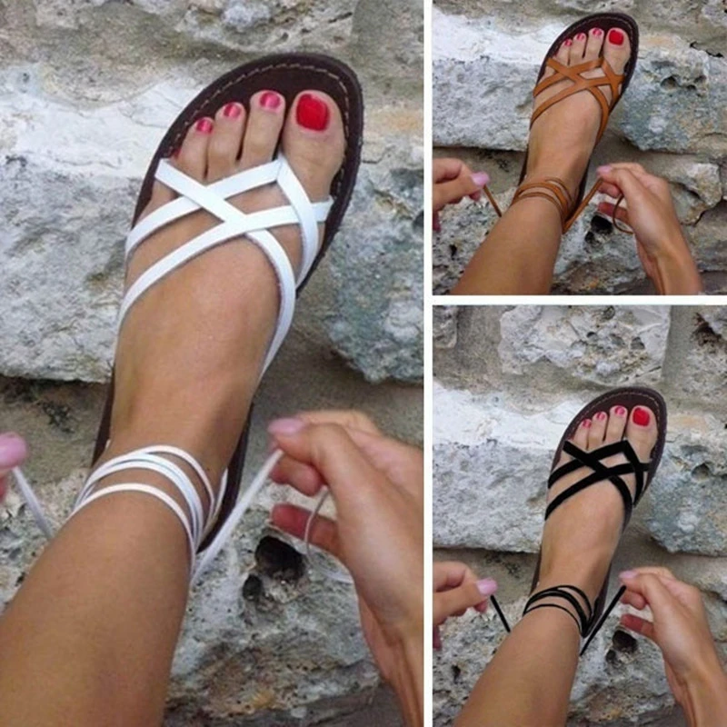 Women Flat Sandals Woman Shoes Summer Sandal Cross Strap Sandals Gladiator Shoes Casual Female Lace-up Bandage Tied Sexy Shoes