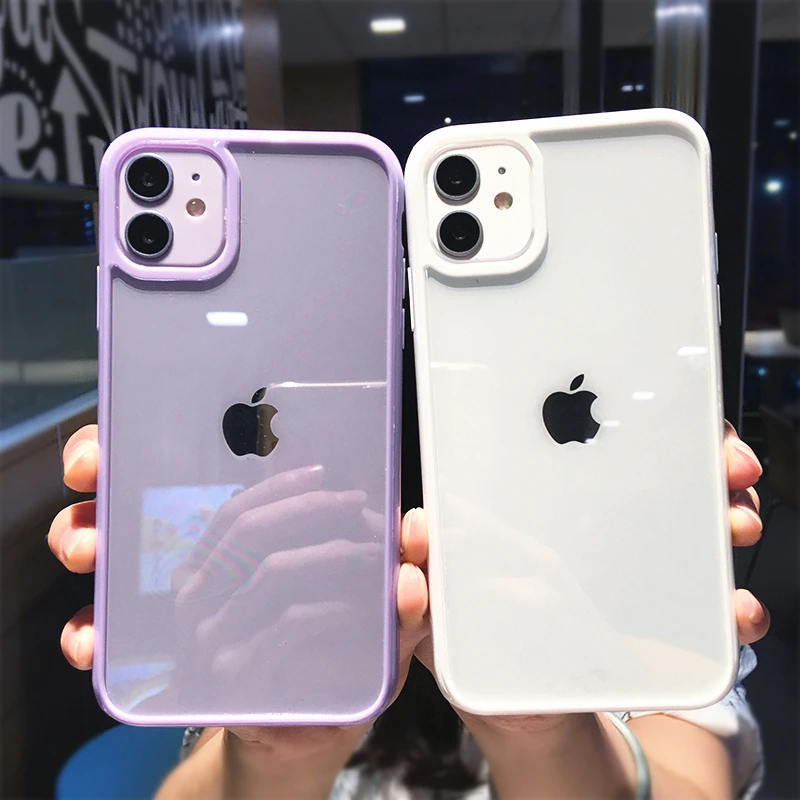 For iPhone 7 8 Plus 11 12 Pro Max XS Max Candy Color Bumper Transparent Shockproof Phone Case For iPhone 12 Mini X XR SE 2020