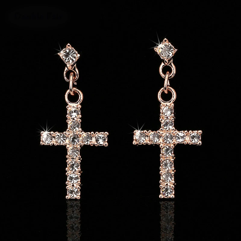 Cubic Zirconia Cross Drop/Dangle Earrings Rose Gold Silver Colour Fashion Jewelry For Women Wholesale Punk Style DWE328