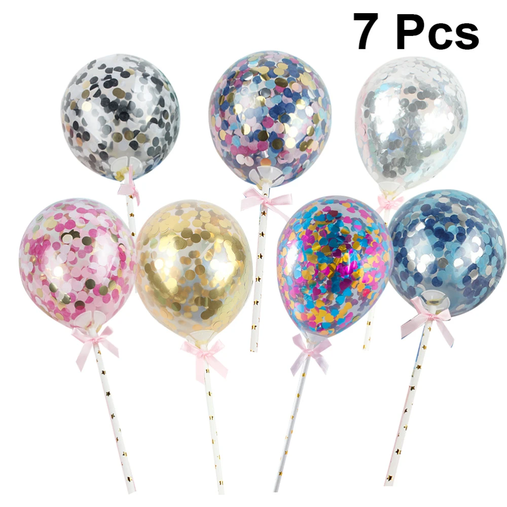 7PCS Birthday Decorative Sequined Balloon Cake Toppers Sequins Balloons Cake Toppers Creative Confetti Balloons Cake Plug Card