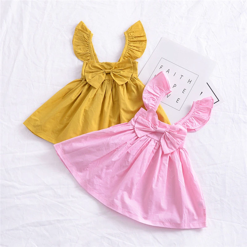 Summer Toddler Baby Kid Girls Solid Bow Princess Dress Shoulder Strap Outfits Clothes Kid Clothes Baby Children Clothing Vestido
