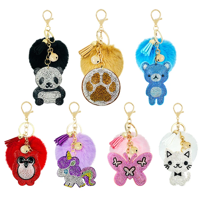 31-Colors creative gift rhinestones animal with Pom pom hair ball key clasp unicorn butterfly  Little bear accessories