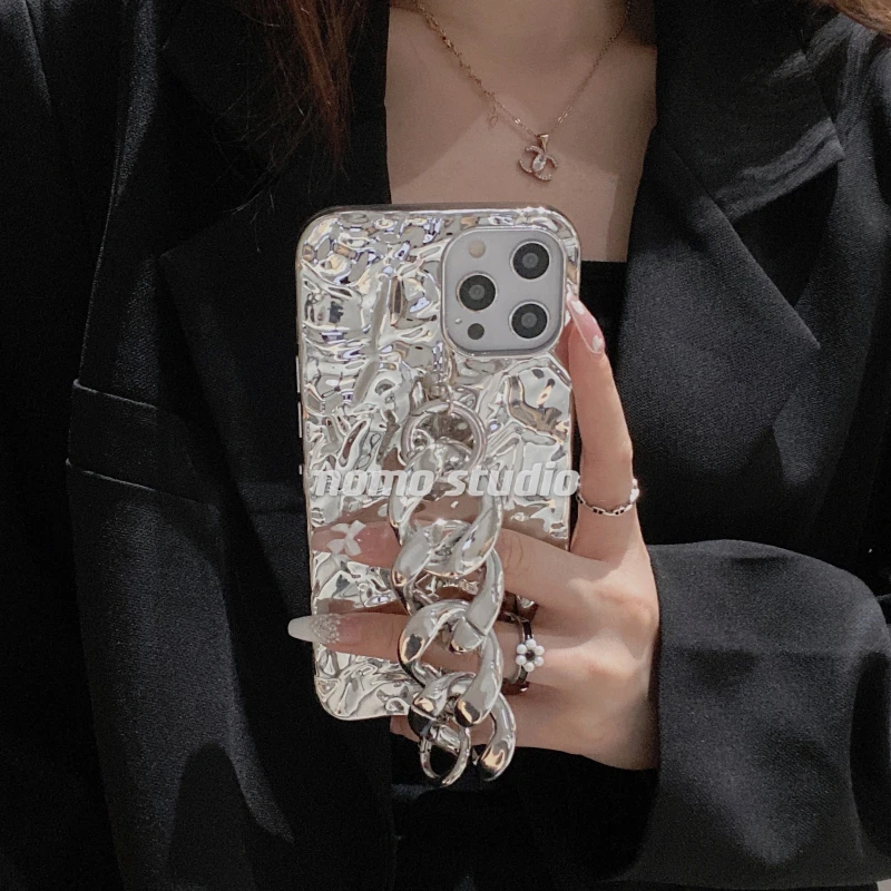 3D Folded Silver Tinfoil Bracelets Phone case for iphone 11 12 Pro Max MiNi  XR X XS 7 8 6S plus SE 2020 Bumper Soft Back Cover