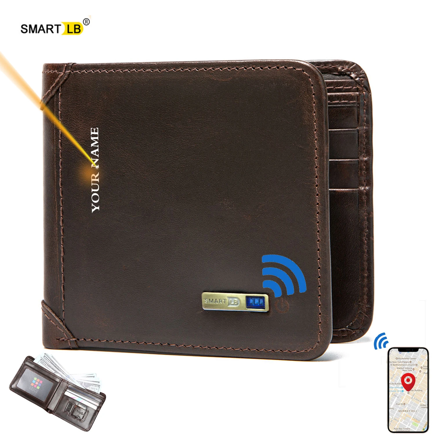 Smart Wallet Tracker Genuine Leather Men Wallets Finder  Short Thin Card Holder Bluetooth-compatible Free engraving Cool Gift