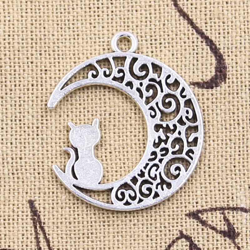 12pcs Charms Moon Cat 30x25mm Antique Silver Color Pendants DIY Crafts Making Findings Handmade Tibetan Jewelry
