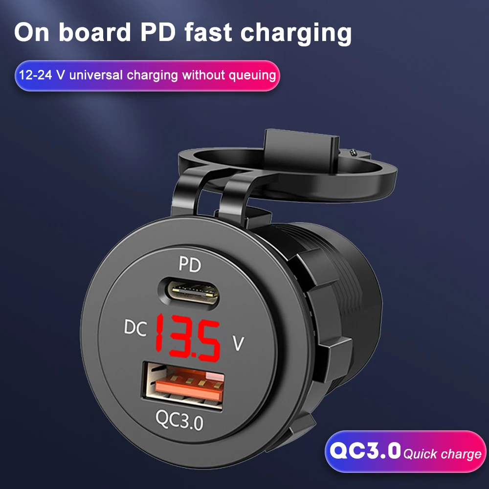 Car Cigarette Lighter PD 3.0 Quick Chargers Socket Adapter Dual USB Charger With LED Voltmeter And Cable 12-24V Car Motorcycles