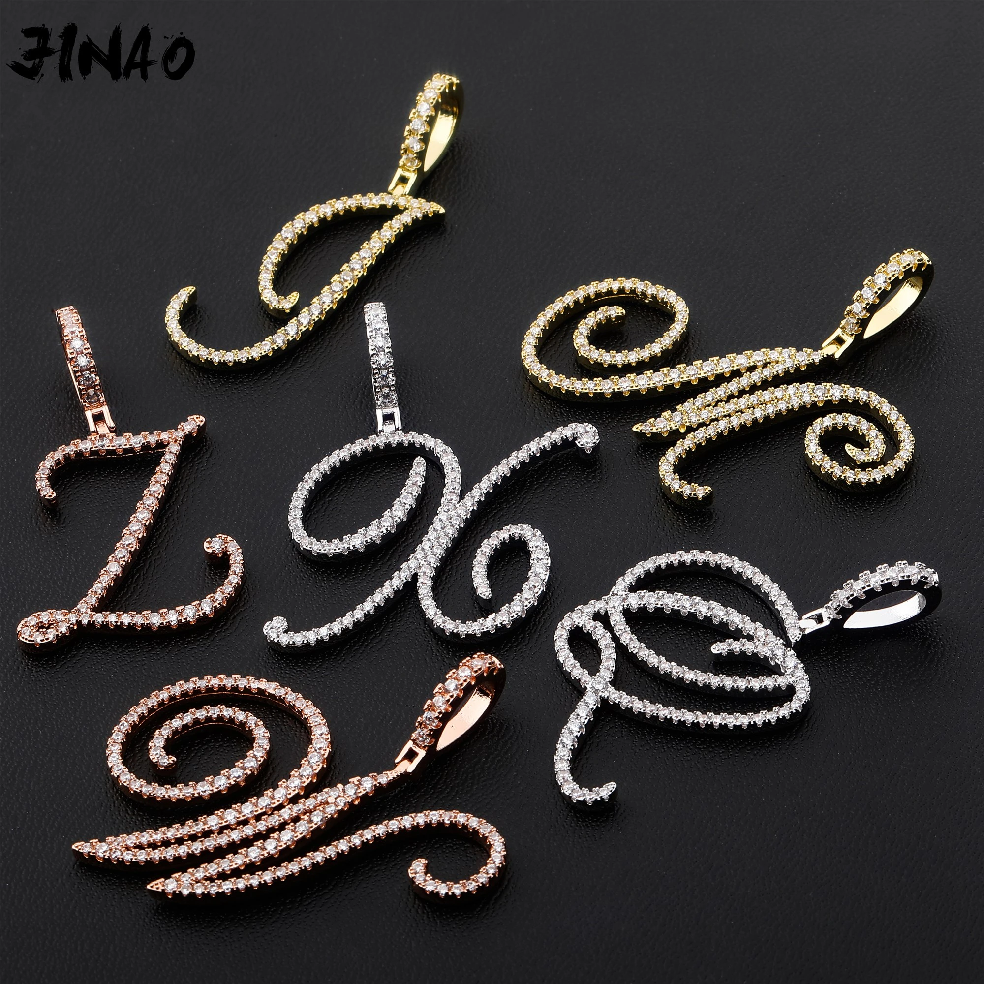 JINAO NEW Fashion Cursive Letters A-Z Pendant& Necklace Hip Hop Cubic Zircon Charm jewelry for Men Women Gifts