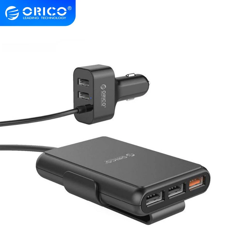 ORICO 5 Port QC3.0 Car Fast Charger with Extension Cord 52W Universal USB Adapter For MPV Car Mobile Phones Tablet PC 12V-24V