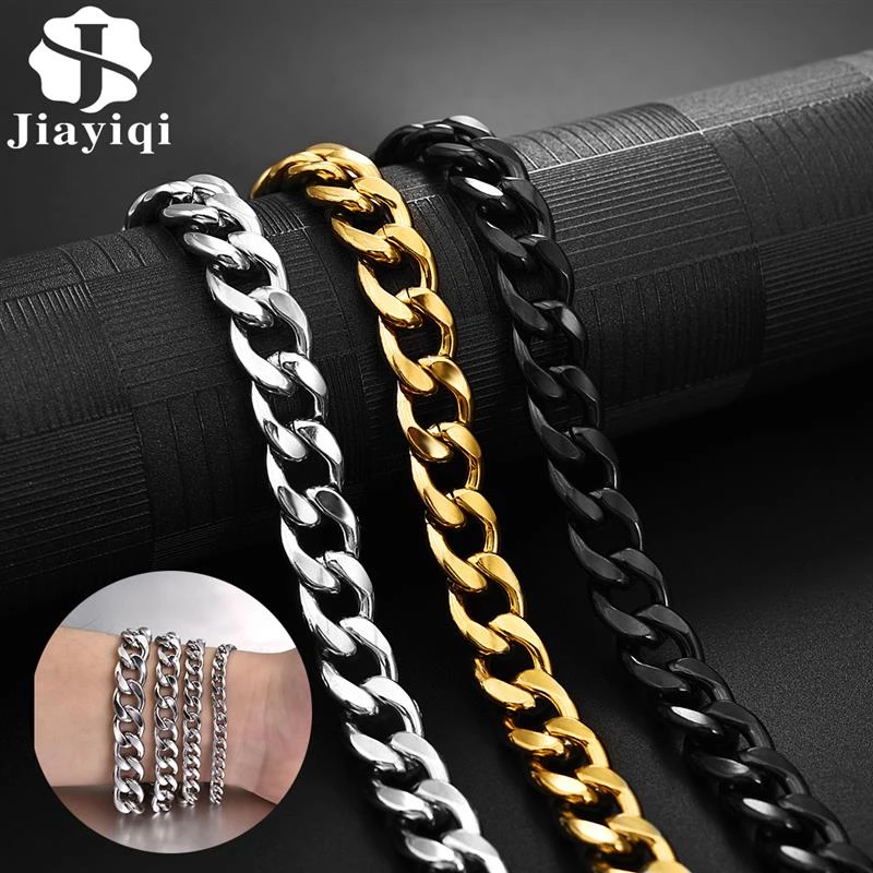 Jiayiqi 3-11 mm Stainless Steel Bracelet for Men Women Curb Cuban Link Chain Bangle Hip Hop Trendy Wrist Jewelry Gift