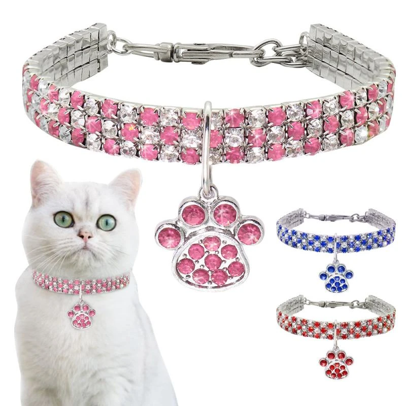 Diamond Inlaid Pet Cat Collar Pets Shiny Crystal Elastic cats Collars Footprints Accessories For Kitten Dog Collar Cat Necklace