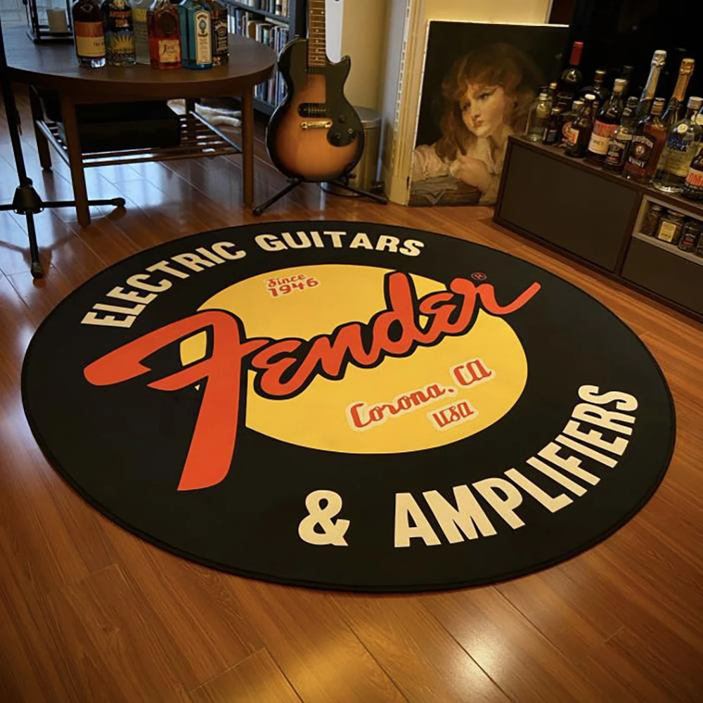 Fender Guitar Round Carpet Rock Floor Mats Flannel Printed Area Rug Sound Insulation Pad For Music Room Bedroom Home Decorative