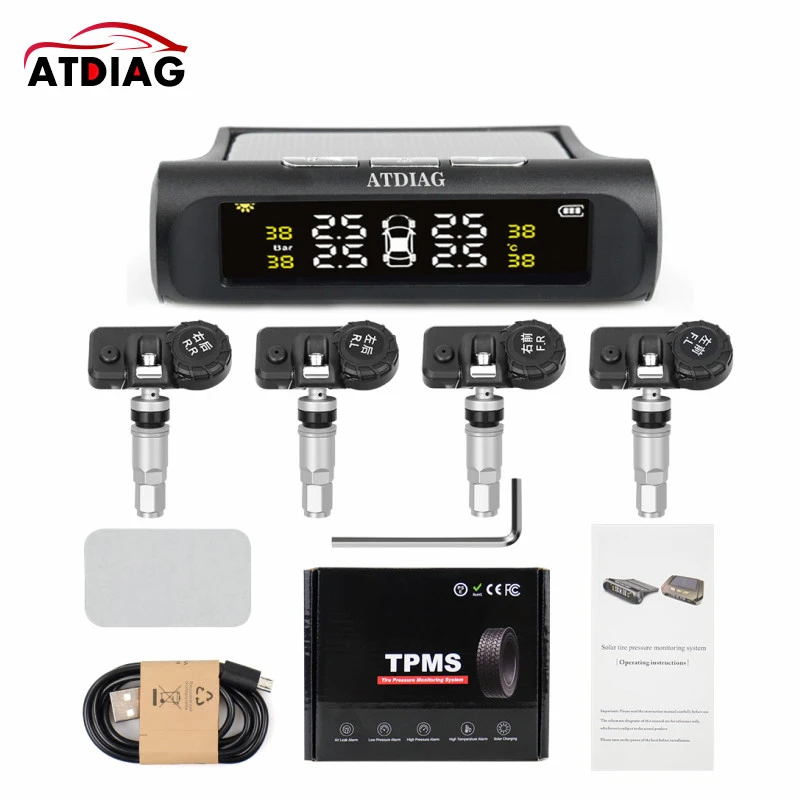 TPMS Wireless Tire Pressure Monitoring System Solar Power Clock LCD Display 4 External/Internal Sensor Tire Pressure Sensors