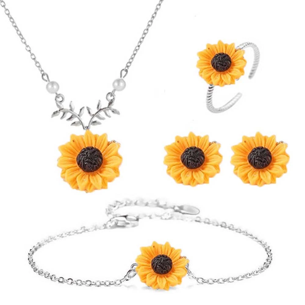 5Pcs/Set Delicate Fashion Sunflower Pendant Necklace Stud Earrings Ring Bracelet Jewelry Imitation Pearl Harajuku Jewelry