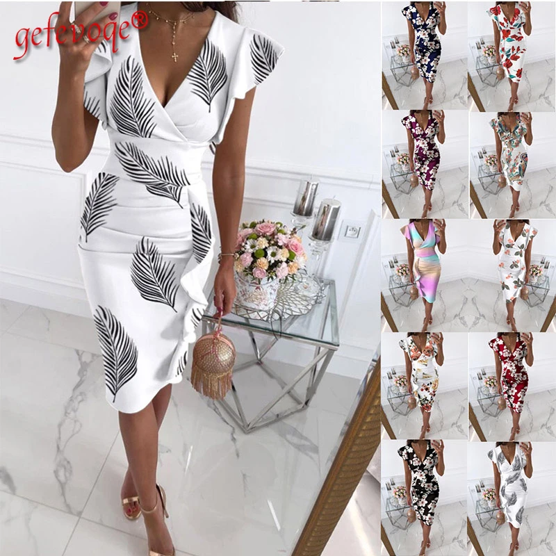 2021 Summer New Fashion Women's Clothing V-Neck Elegant Slim Print Pleated Ruffles Package Hip Female Dress Vestidos De Fiesta