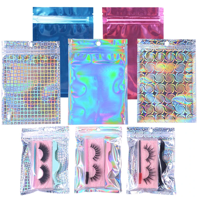 Newest 100/50pcs  Wholesale Pink Gold Blue Holigraphic 3D Fake Eyelash Packaging Bag Jewelry Gift Lashes Baggies Box