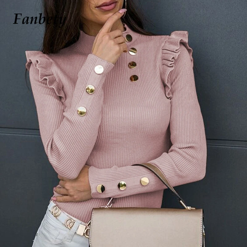 Autumn Fashion Solid Women Blouse Shirts Casual Office Lady Turtleneck Pullover Tops 2020 Elegant Slim Long Sleeve Button Blusas