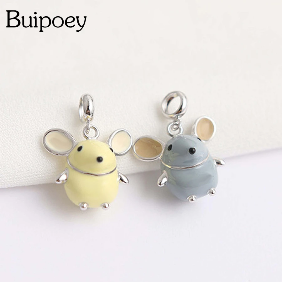 Buipoey 2pcs 2021 Enamel Mouse Pendant Big Ears Mouse Zodiac Rat Charms Fit Brands Necklace Bracelet Animal Jewelry For Women