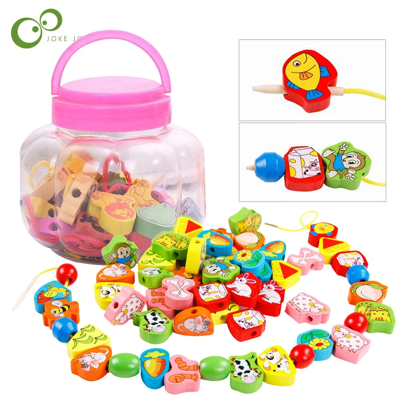26Pcs Blocks Cartoon Animals Fruit Block Wooden Toys Stringing Threading Beads Game Educational Toy for Baby Kids Children GYH