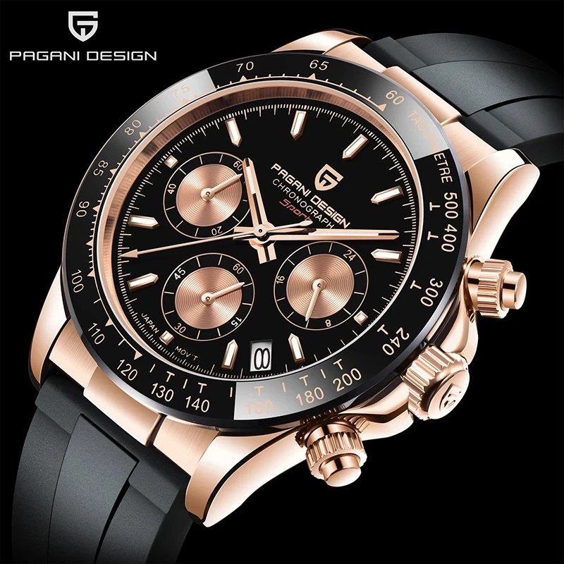 PAGANI DESIGN Top Brand New Rubber Strap Chronograph Watch Men Quartz Wristwatch Luxury Sapphire Glass Sports Watch Men Relogio