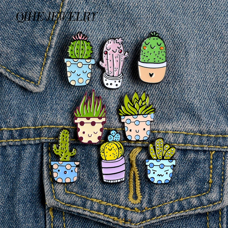 QIHE JEWELRY Cartoon Smiling Potted Plant Pins Cactus Enamel Pins Cute Brooches Badges Denim Clothes Bag Pins Gift for Friends